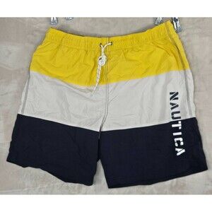 Nautica Colorblock Swim Trunks Mens L Yellow Navy Y2K 90s Coastal Streetwear